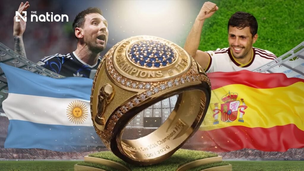 FIFA World Cup 2026 Championship Ring displayed between Argentina’s Lionel Messi and Spain’s player with national flags in the background.