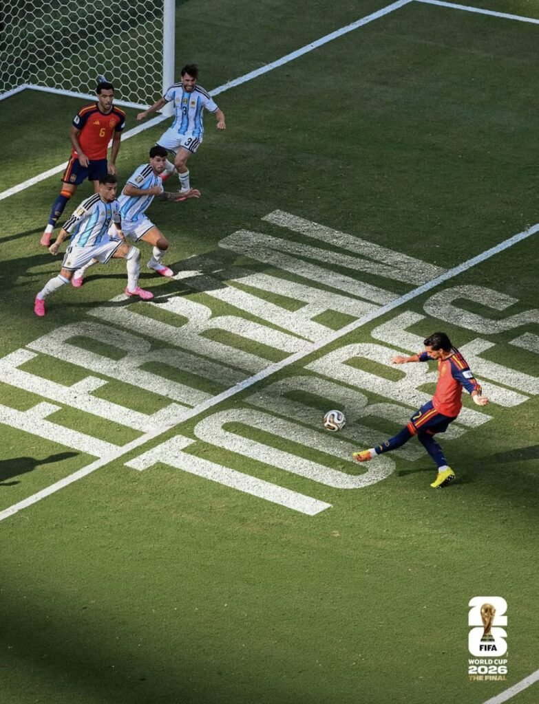 Spain player takes a decisive shot against Argentina defenders during the FIFA World Cup 2026 Final, symbolizing the championship victory that inspired the official winners ring design.